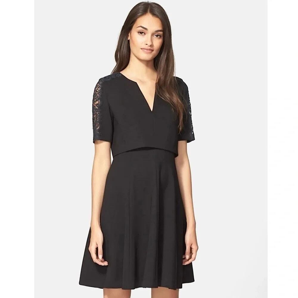 Rebecca Taylor Black Lace Trim Ponte Knit Fit & Flare Mini Dress Sz 4
